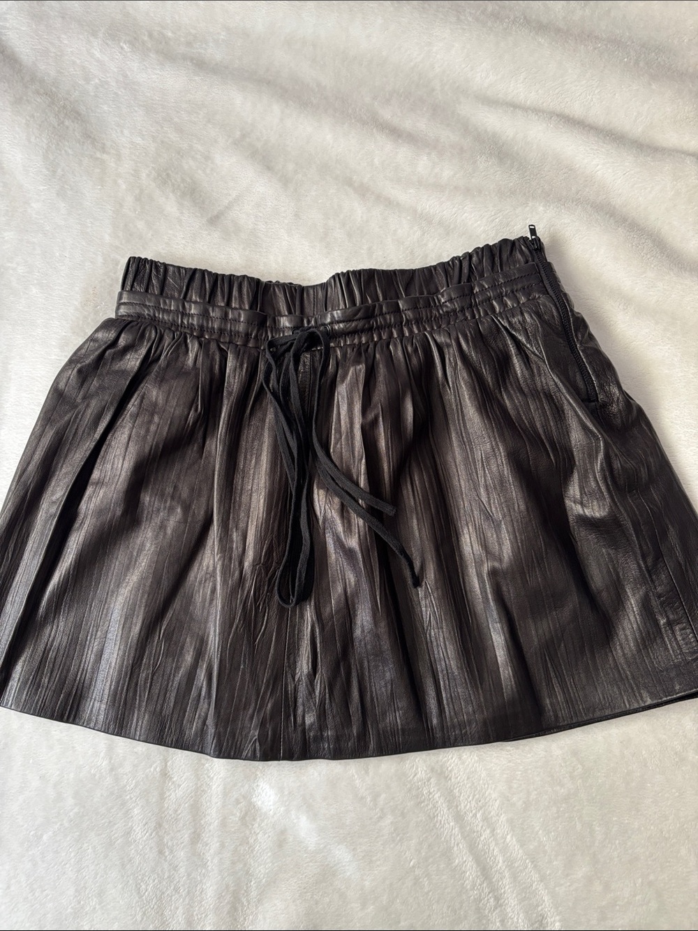 Robert Rodriguez Black Faux Leather Drawstring Pleated Mini Skirt